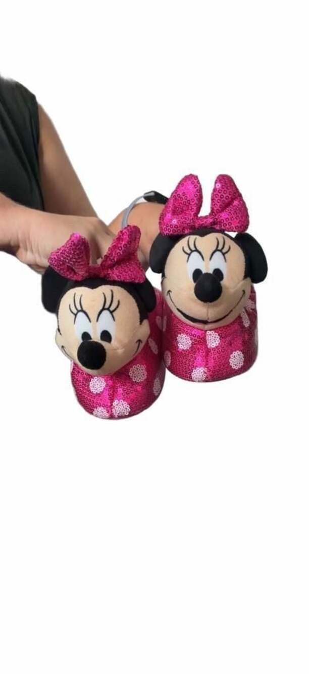 Disney Minnie Mouse Toddler Girls Pink Sequin 3D Plush Slippers_K18
